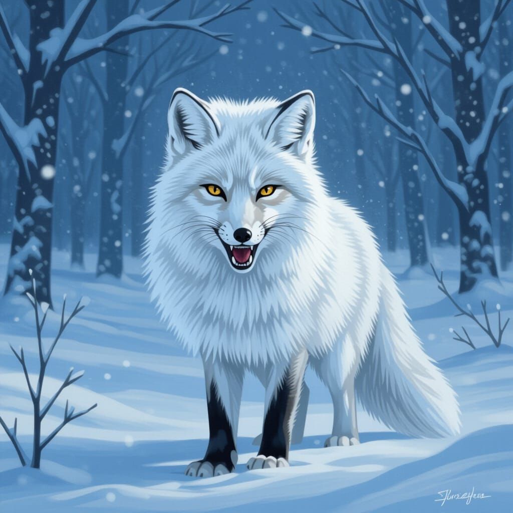 Angry Snow Fox in Eerie Arctic Fairy Tale