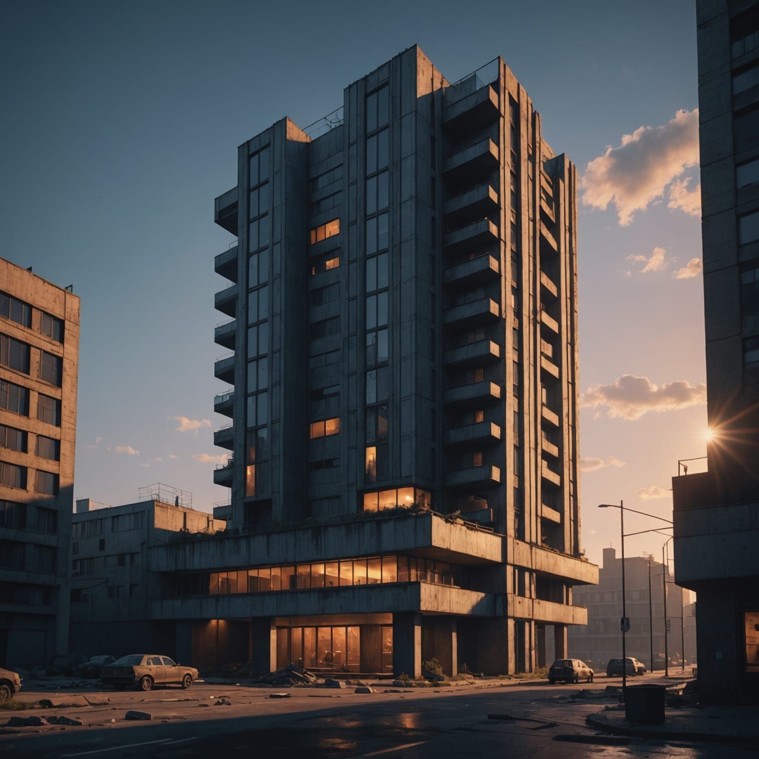 Brutalist Building in Twilight Rays