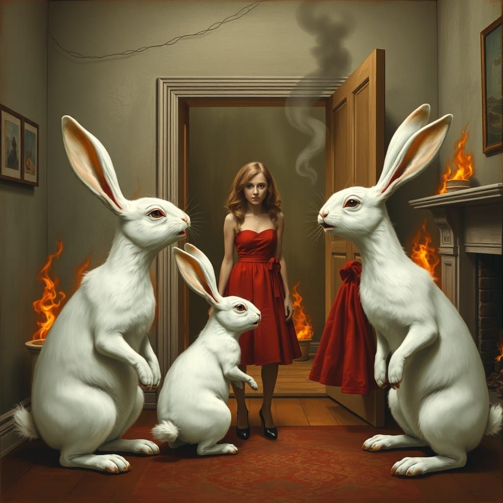Surreal Rabbits and Woman Burning a House