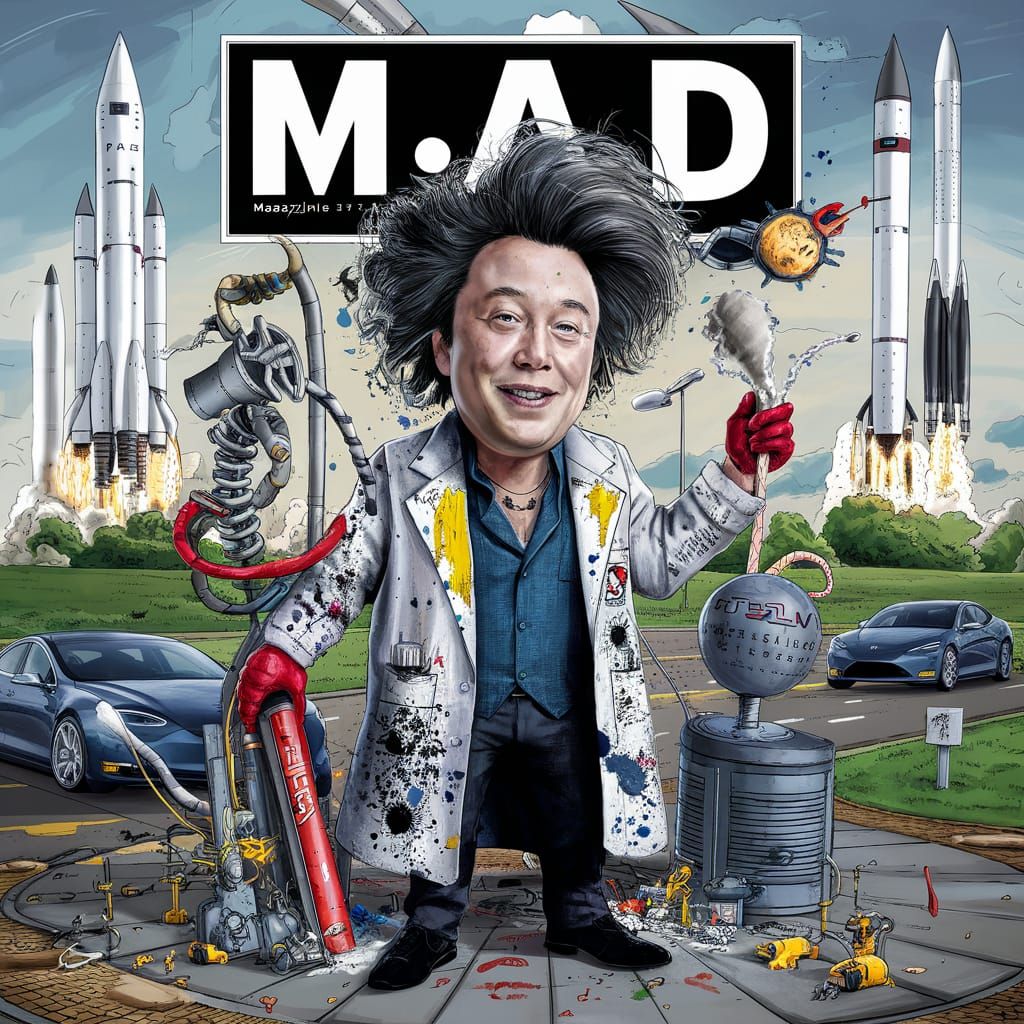 Elon Musk as Mad Scientist: Humorous Magazine Cover
