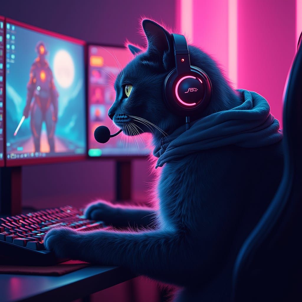 Neon Cat Gamer in Cyberpunk Scene