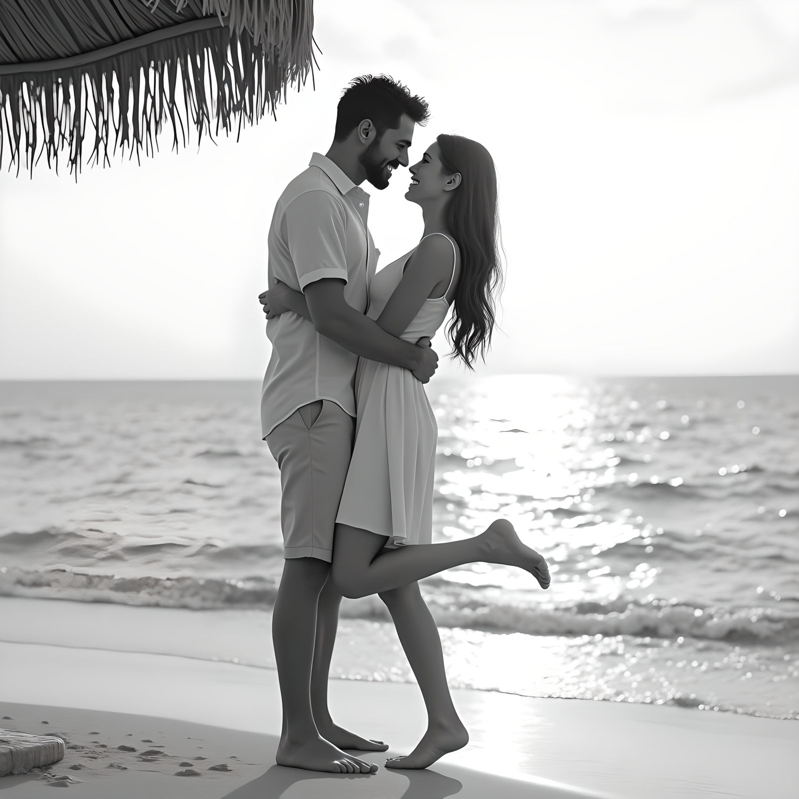 Romantic Beach Sunset: Couple's Embrace in Charcoal Sketch