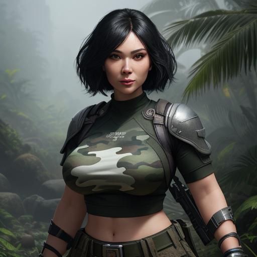 Hyperrealistic Portrait of a Curvy Woman in Camo Gear