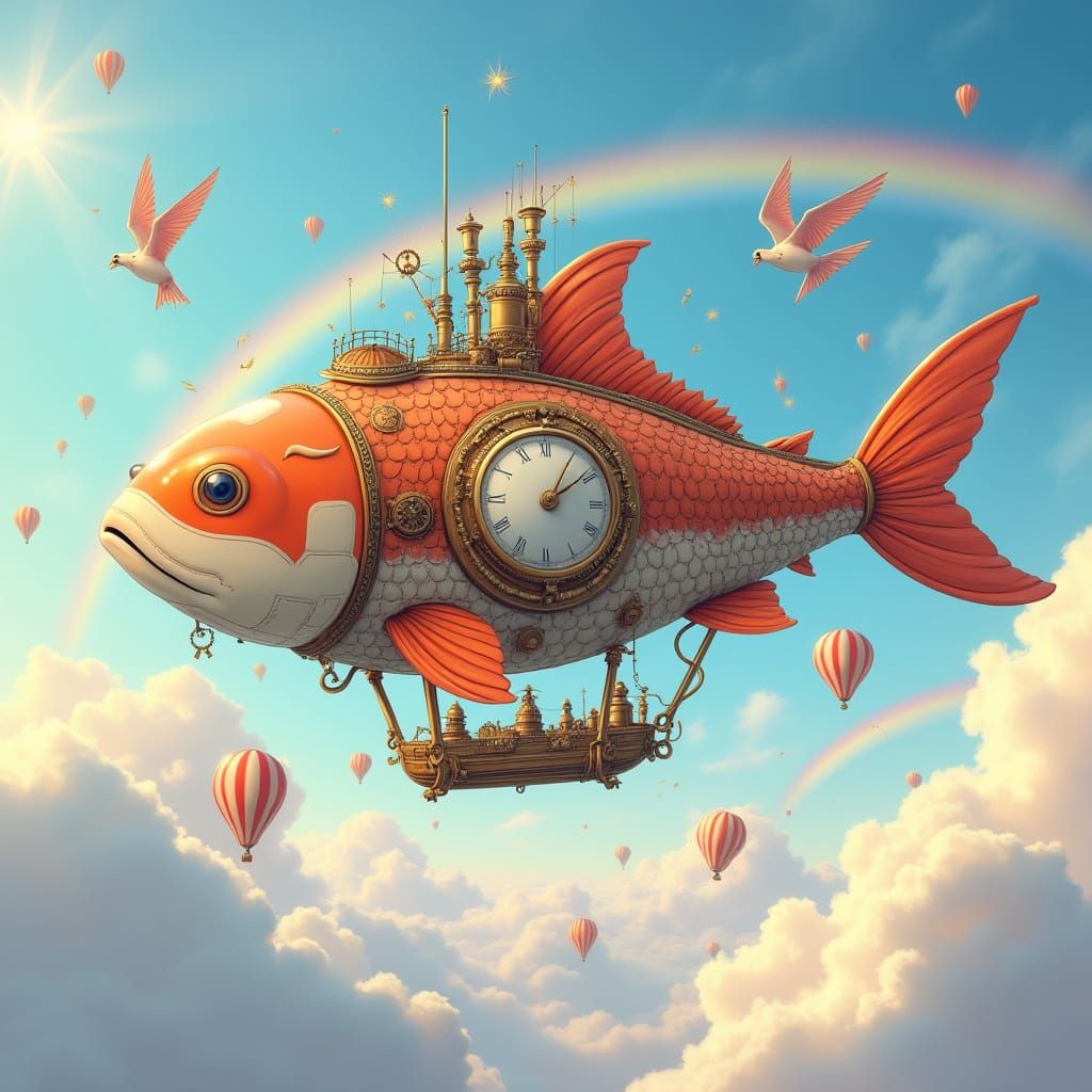 Steampunk Koi Airship Soaring in Cotton Candy Sky