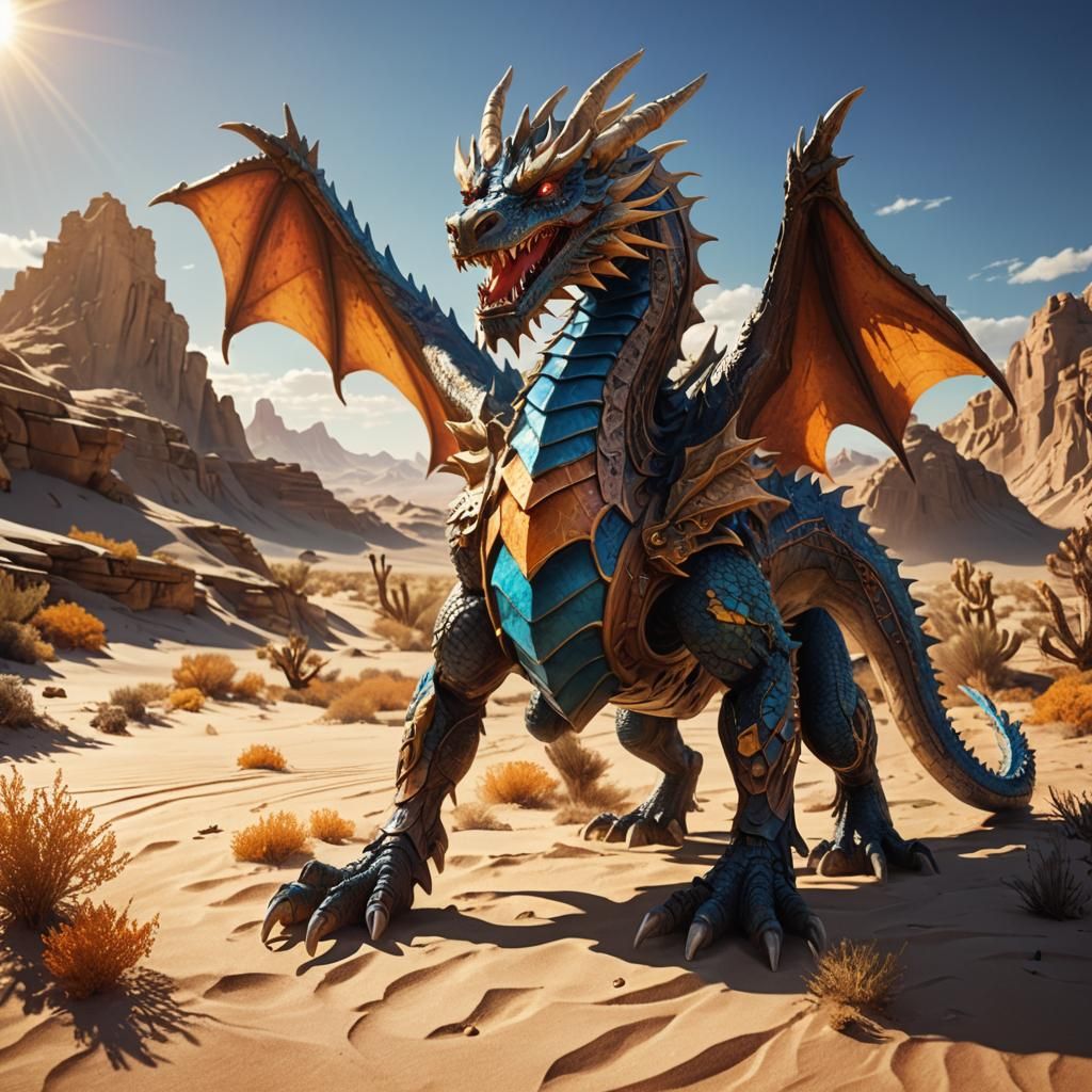 Wooden Dragon in Sunny Desert Landscape