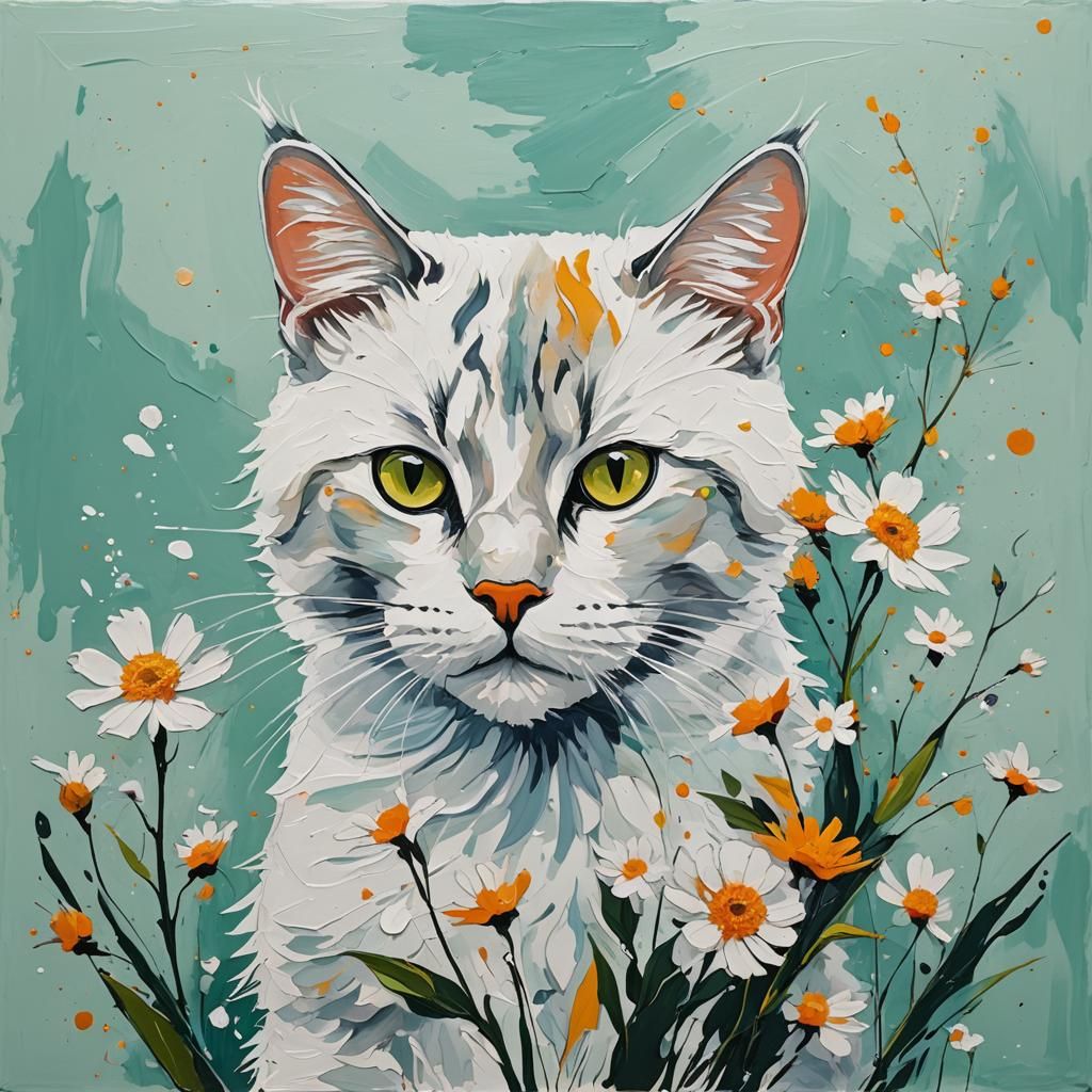 Blooming Cat Abstract Painting in Minimalist Style