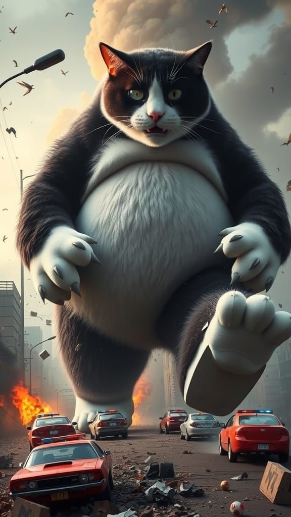Gargantuan Tuxedo Cat Wreaks Havoc on City in Cyberpunk Apoc...