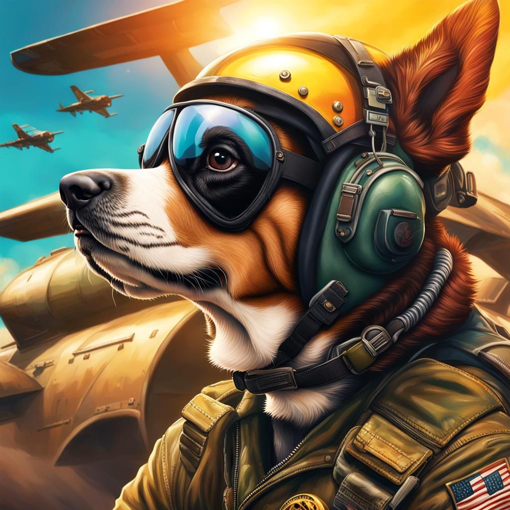 Hyperrealistic Top Gun Pilot Dog in Splash Art Style