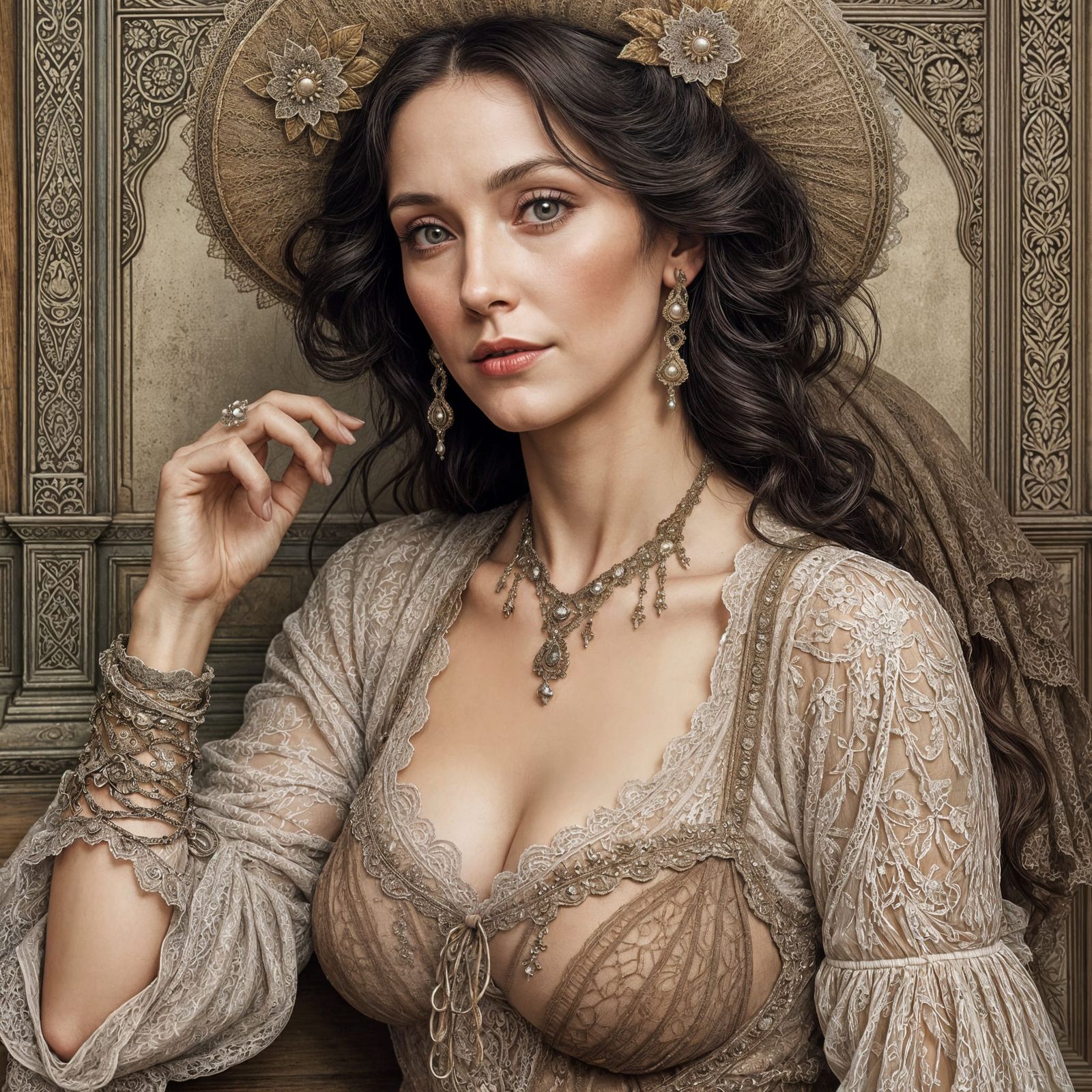 Art Nouveau Woman in Elaborate Lace Dress