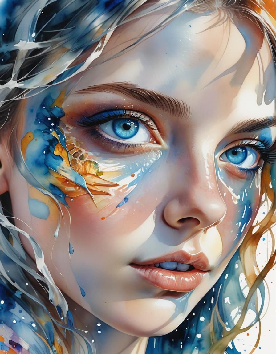 Beautiful Woman with Blue Eyes in Watercolor Style