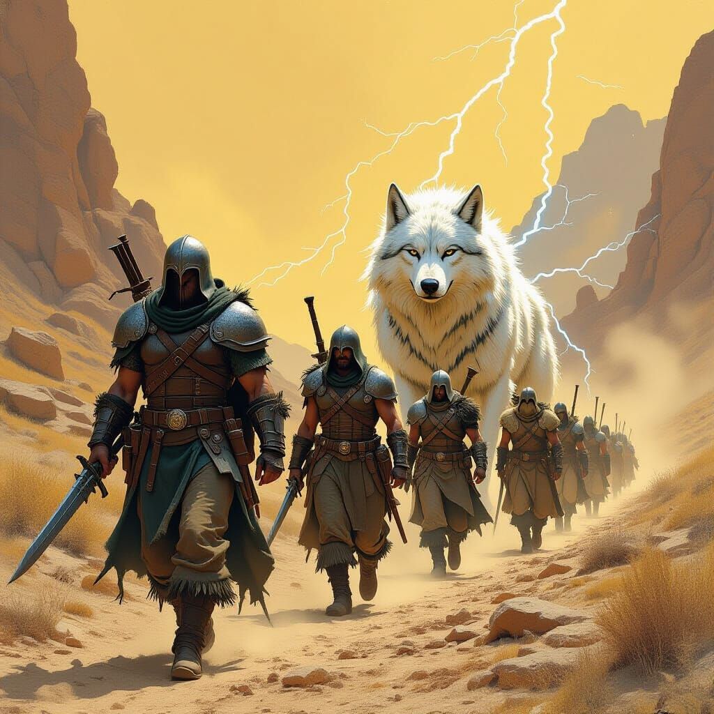 Warriors Guided by Lightning Wolf in Fantasy Landscape