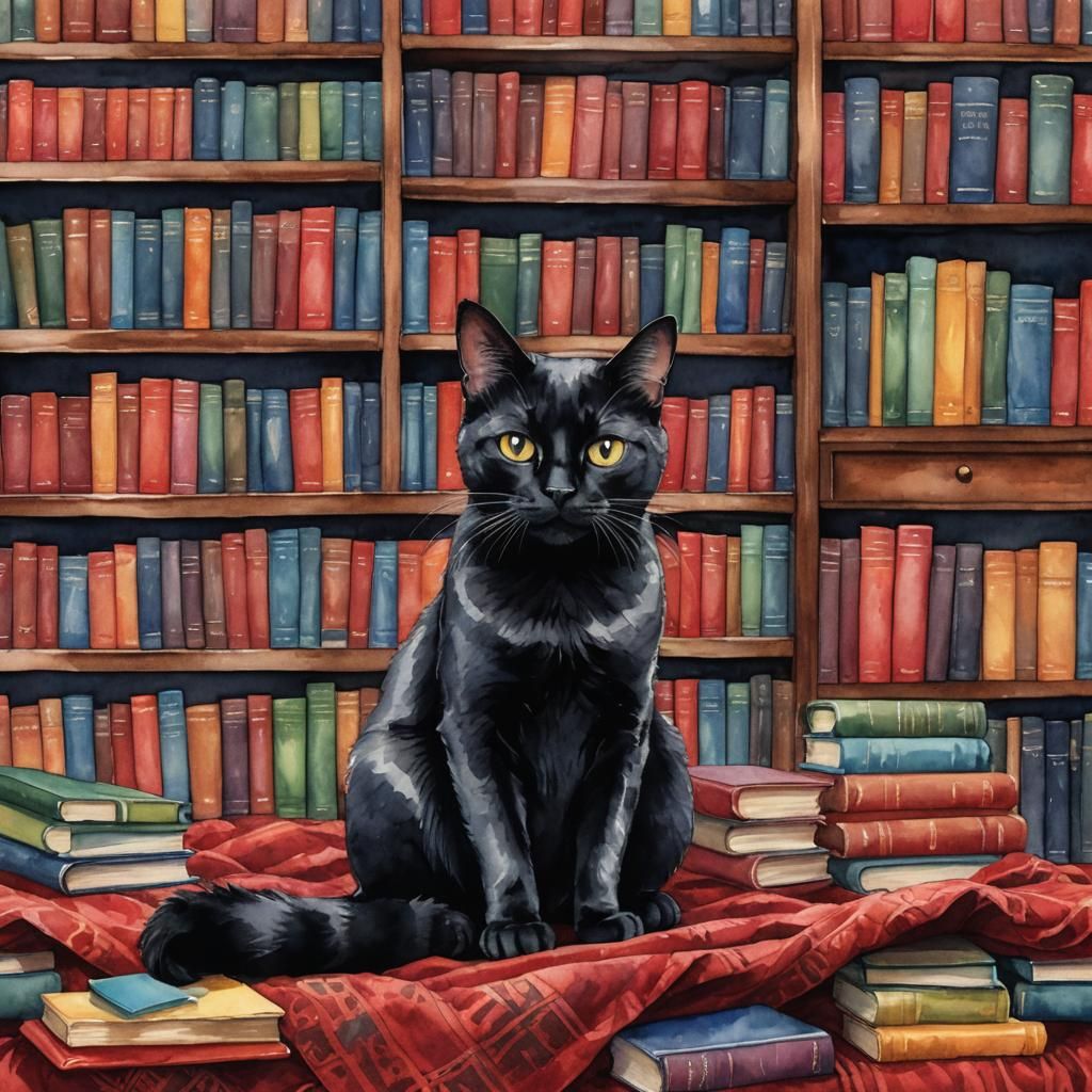 Black cat in a library