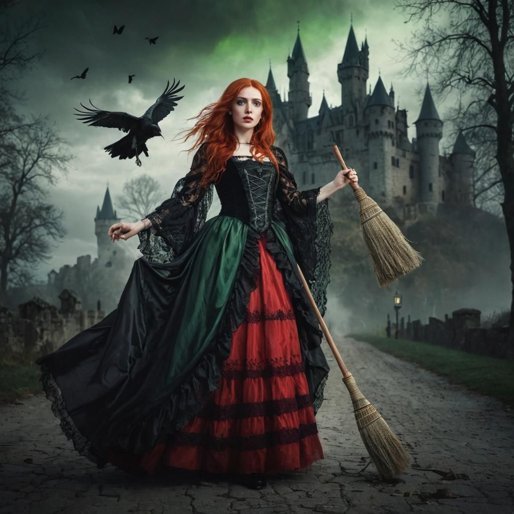 Mystical Gothic Portrait with Broom and Crows