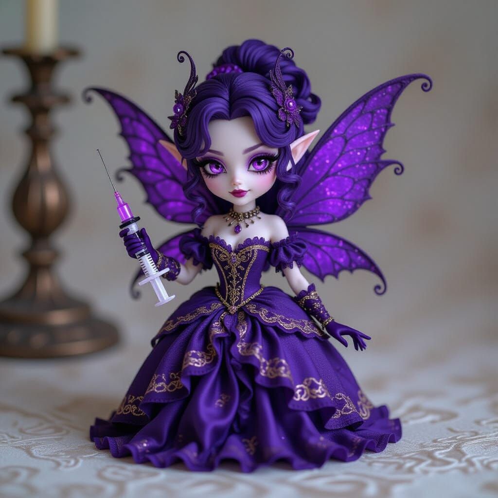 Demonic Violet Pixie with Glowing Syringe in 3D Anime Style
