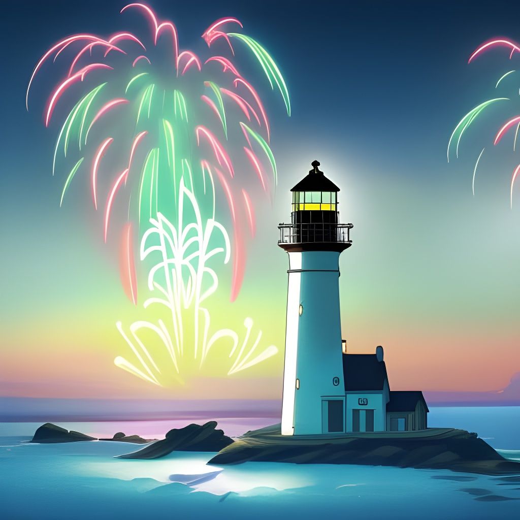 Fireworks Over Lighthouse in Studio Ghibli Style
