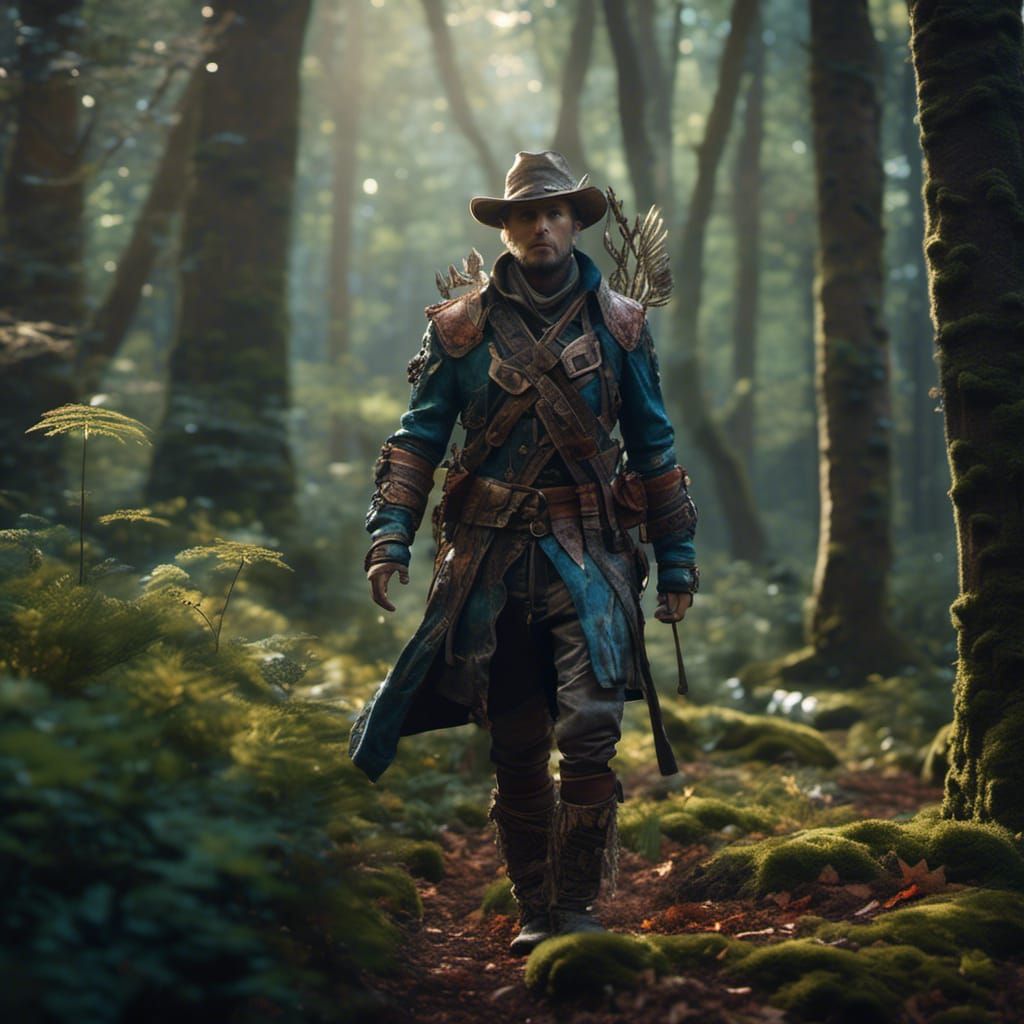 Ranger Walking in Forest: Detailed Matte Painting