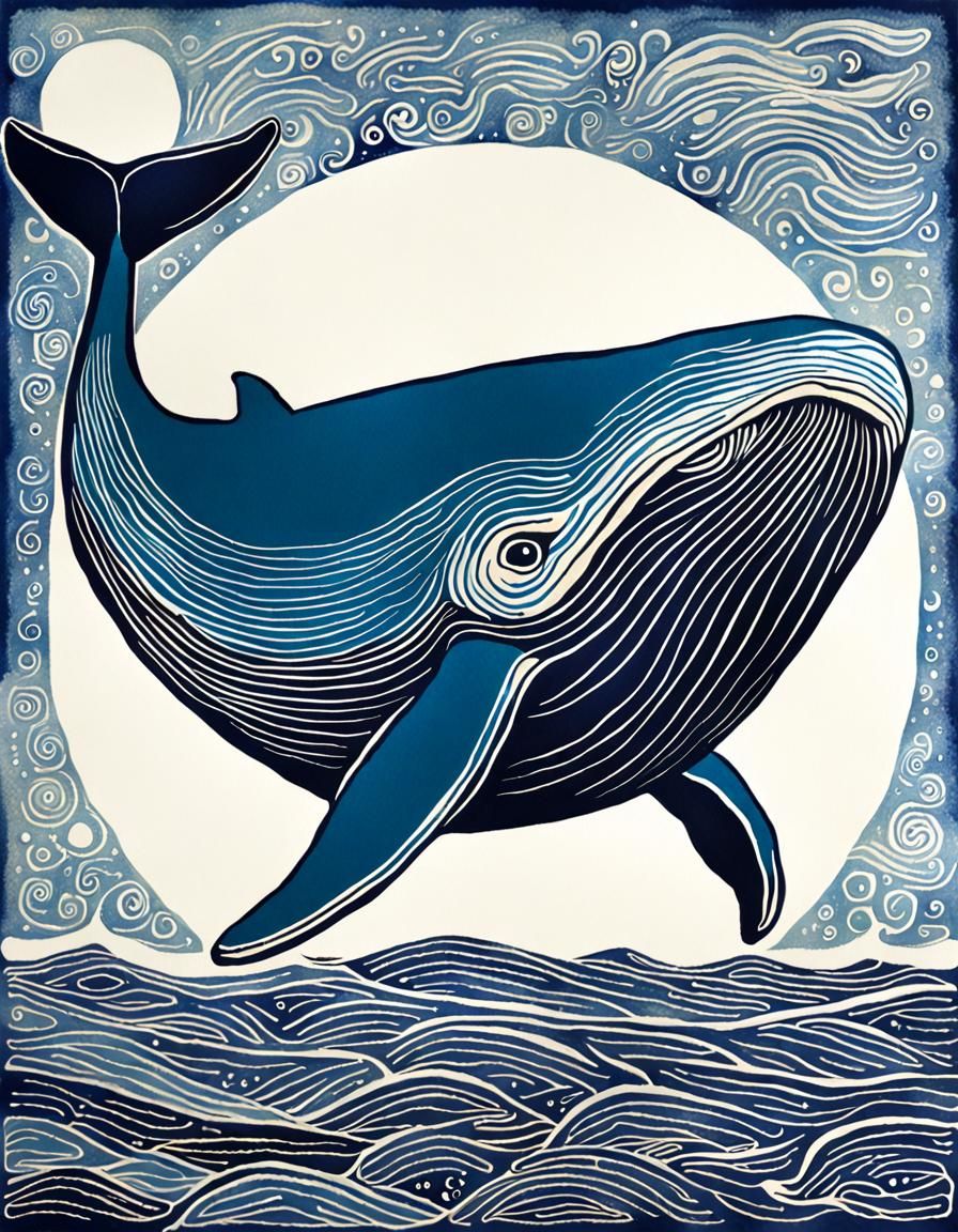 Blue Whale in Hand-Colored Linoprint Style