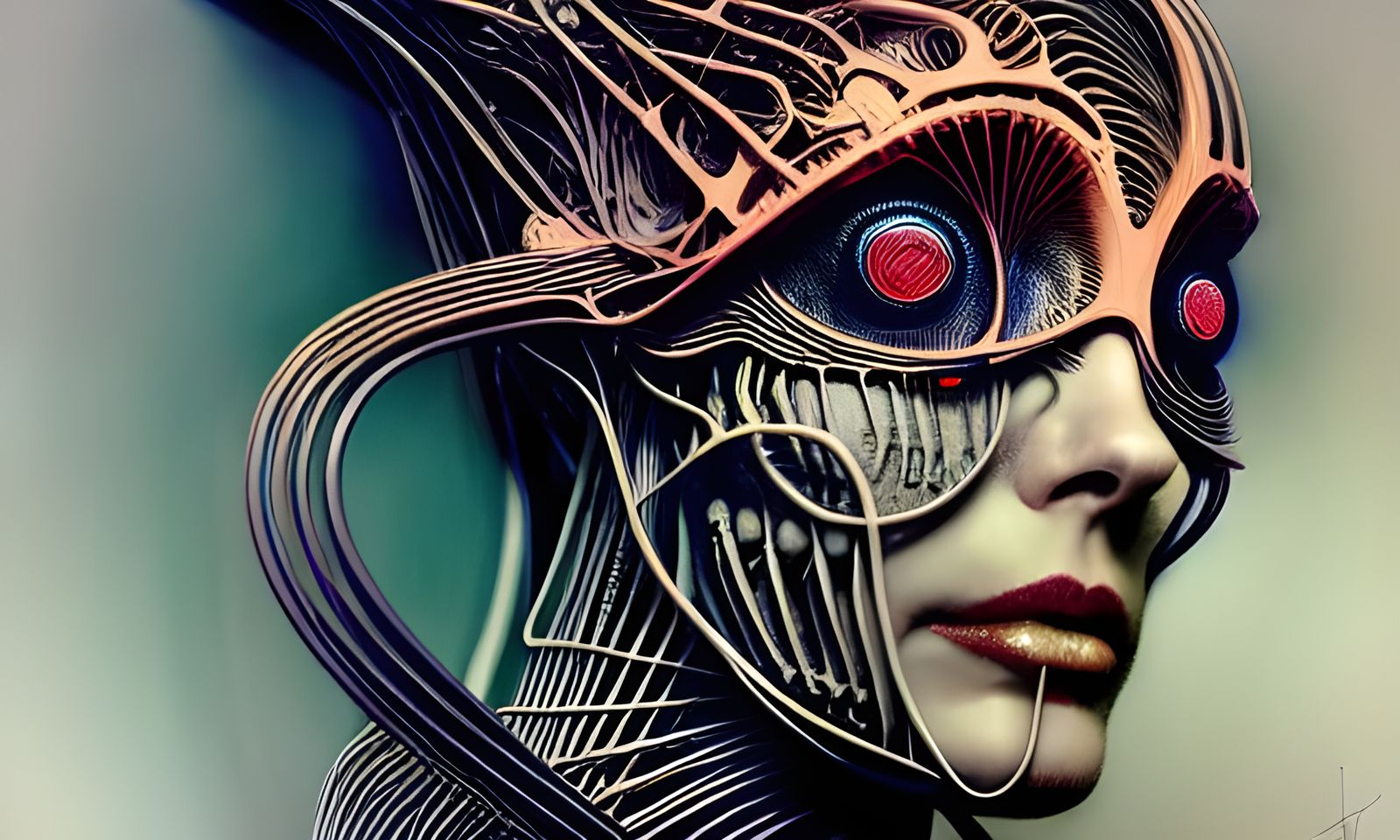 Biomechanical Figure with Cybernetic Implants and Fractal Wi...