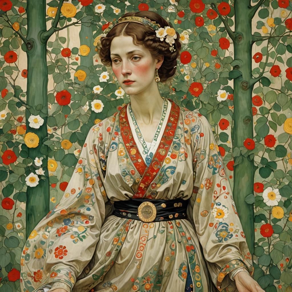 "woman" by Carl Larsson and Gustav Klimt impasto big brush strikes..in style of Tim Burton.....