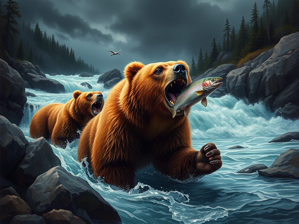 Brown Bears Ambush Salmon in Turbulent Waters of Brooks Fall...