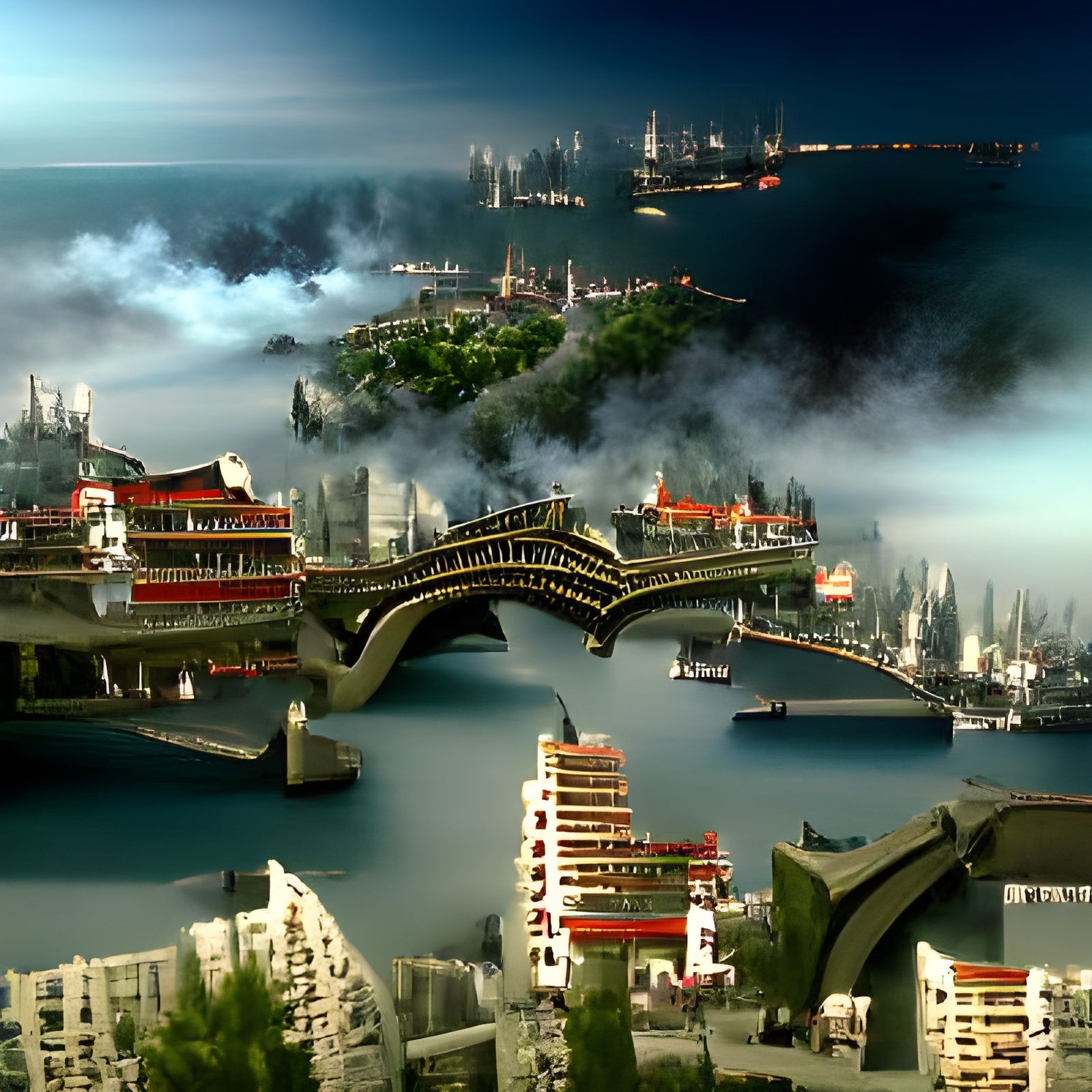 Island City with Chinese Architecture, Detailed Matte Painti...