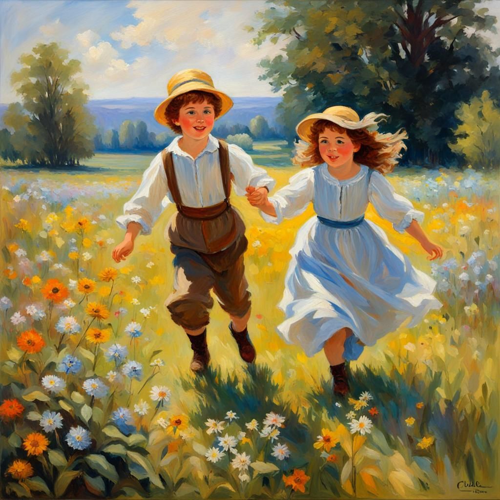 Children Playing in Wildflower Meadow, Impressionist Oil Pai...