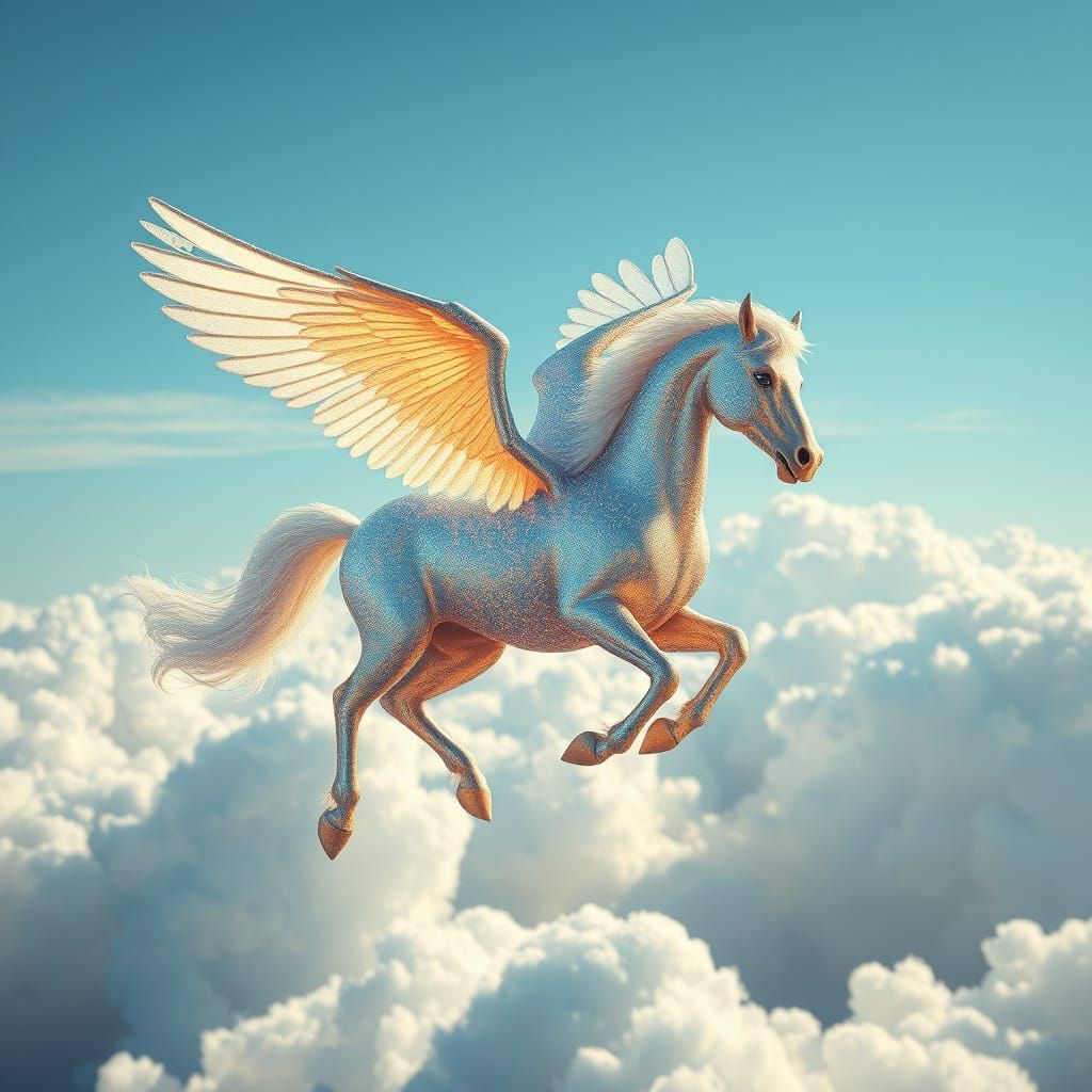 Flying horse over clouds.