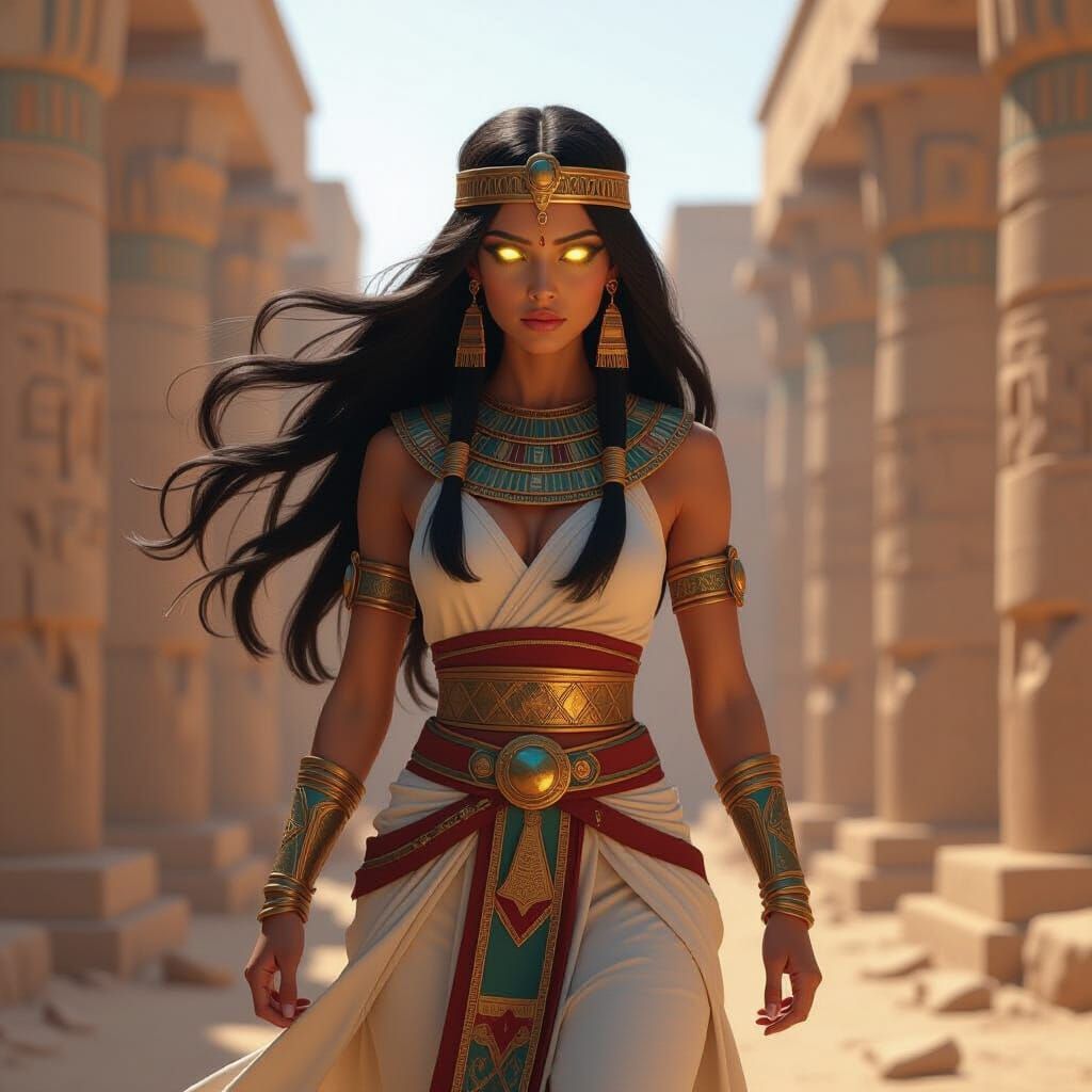 Egyptian Priestess in Ruined Temple: Anime Style