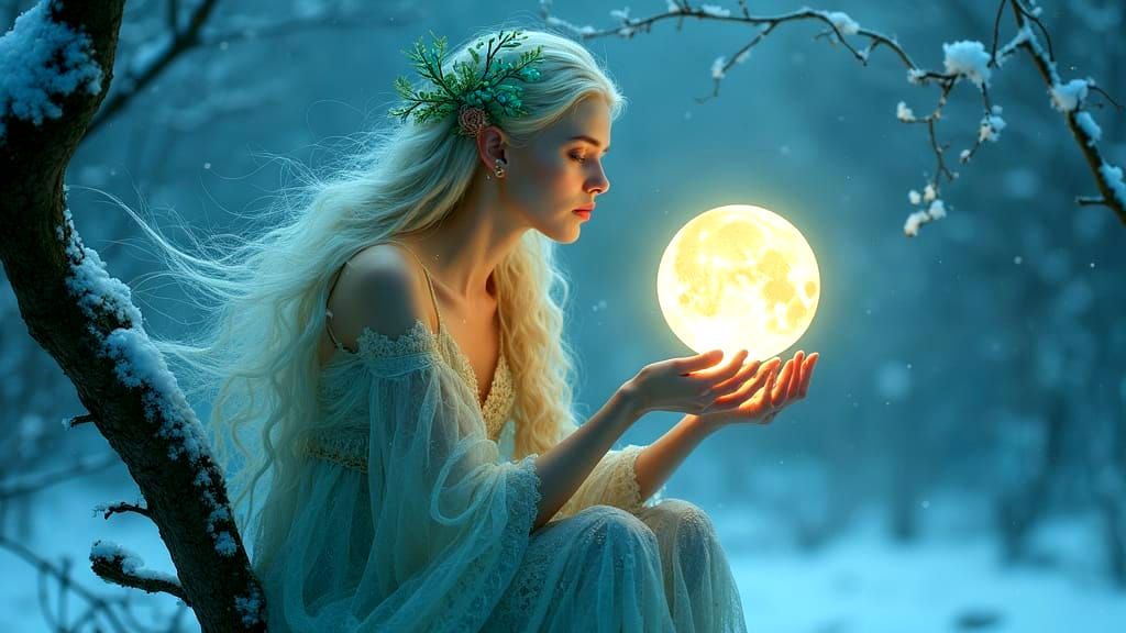Ethereal Elven Goddess in Moonlit Winter Wonderland