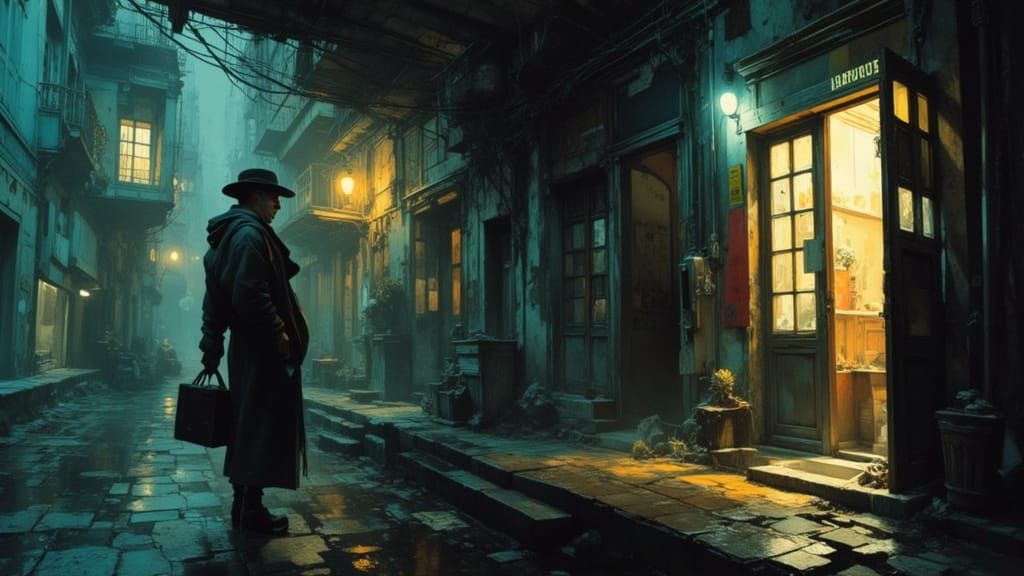 Solitary Figure in Bustling Metropolis, Dramatic Lighting