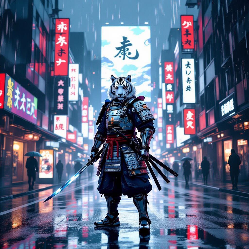 Cyberpunk White Tiger Samurai in Neon Tokyo