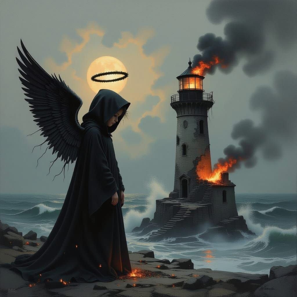 Tiny Fallen Angel with Charred Wings and Black Halo