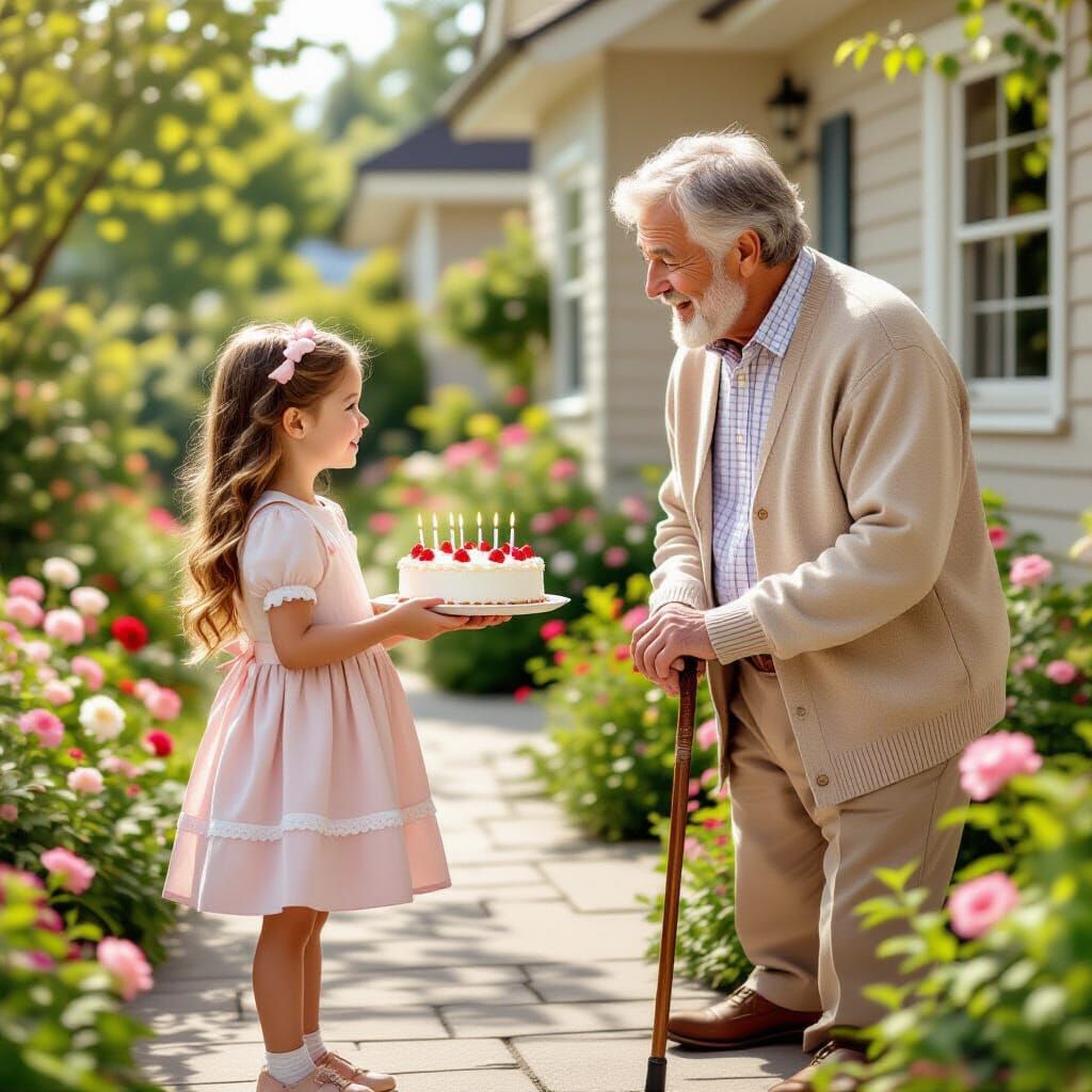 Heartwarming Suburban Scene: Girl Offers Cake to Neighbor