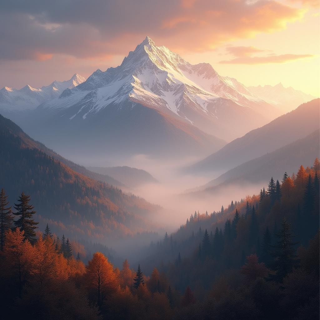 Majestic Snowcapped Peaks in Iridescent Forest