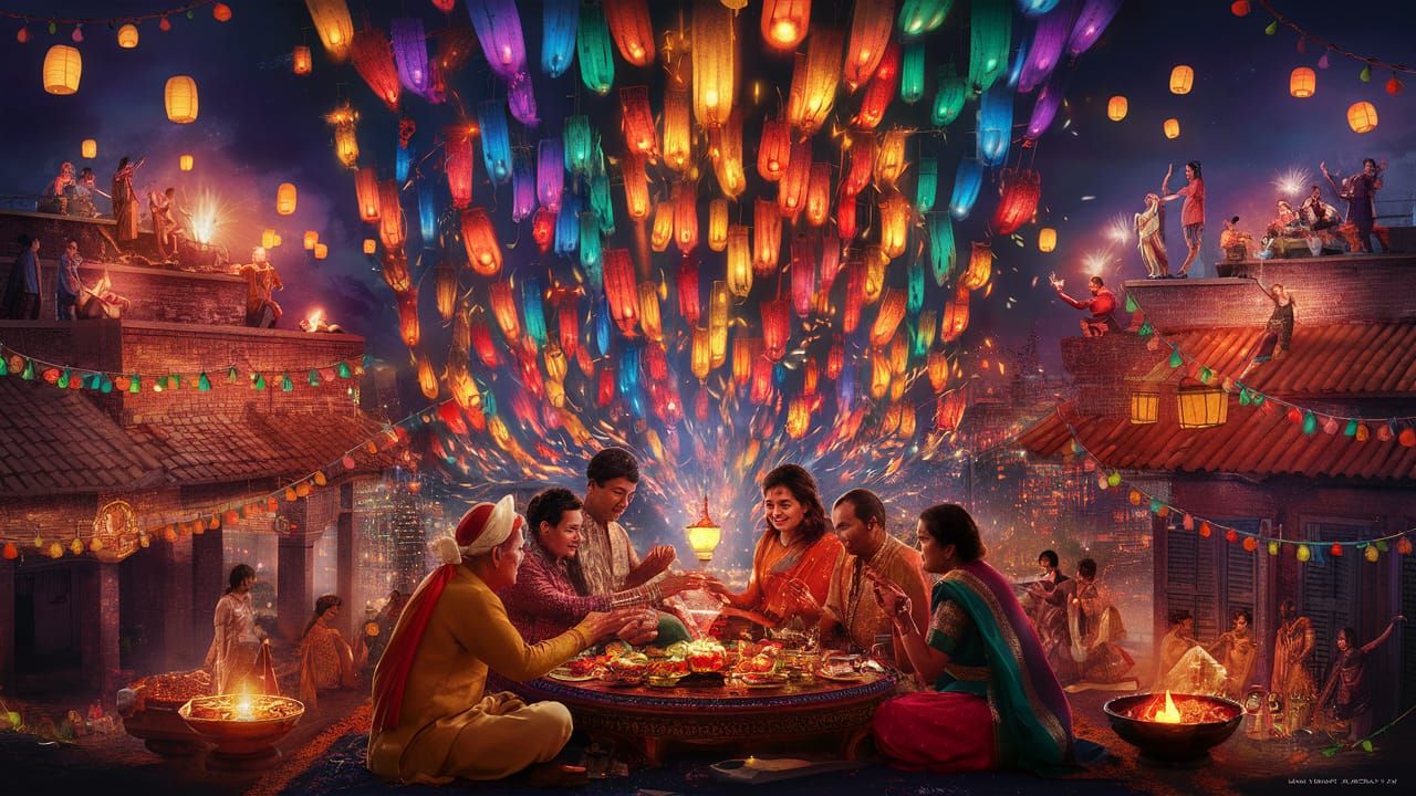 Vibrant Diwali Celebration with Glowing Lights