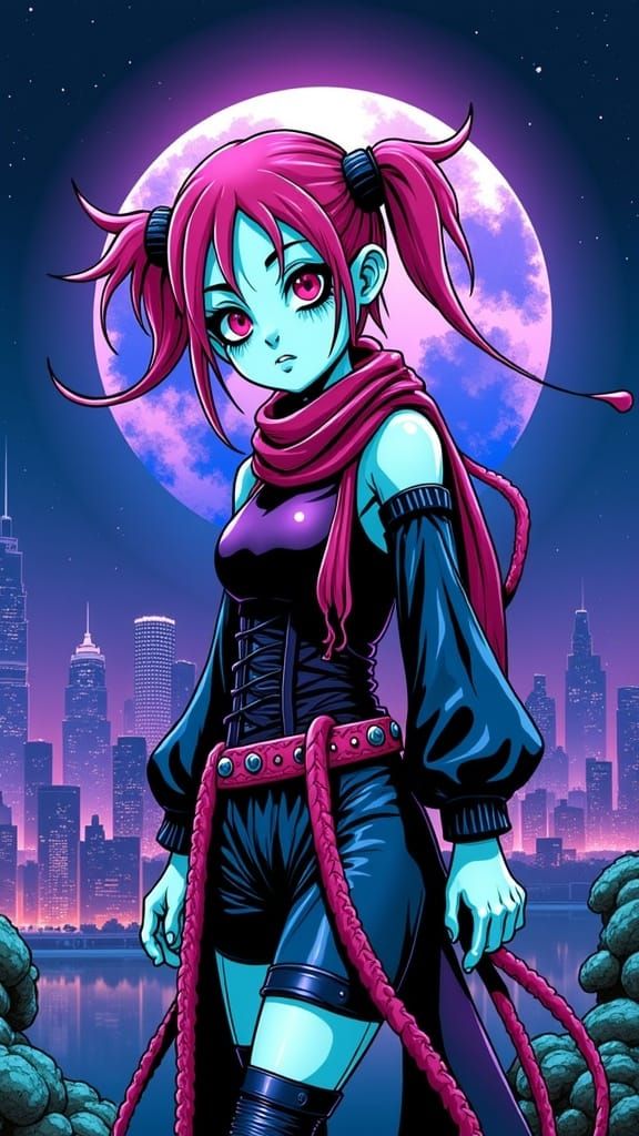 Cyberpunk Girl with Ponytails in Junji Ito Style