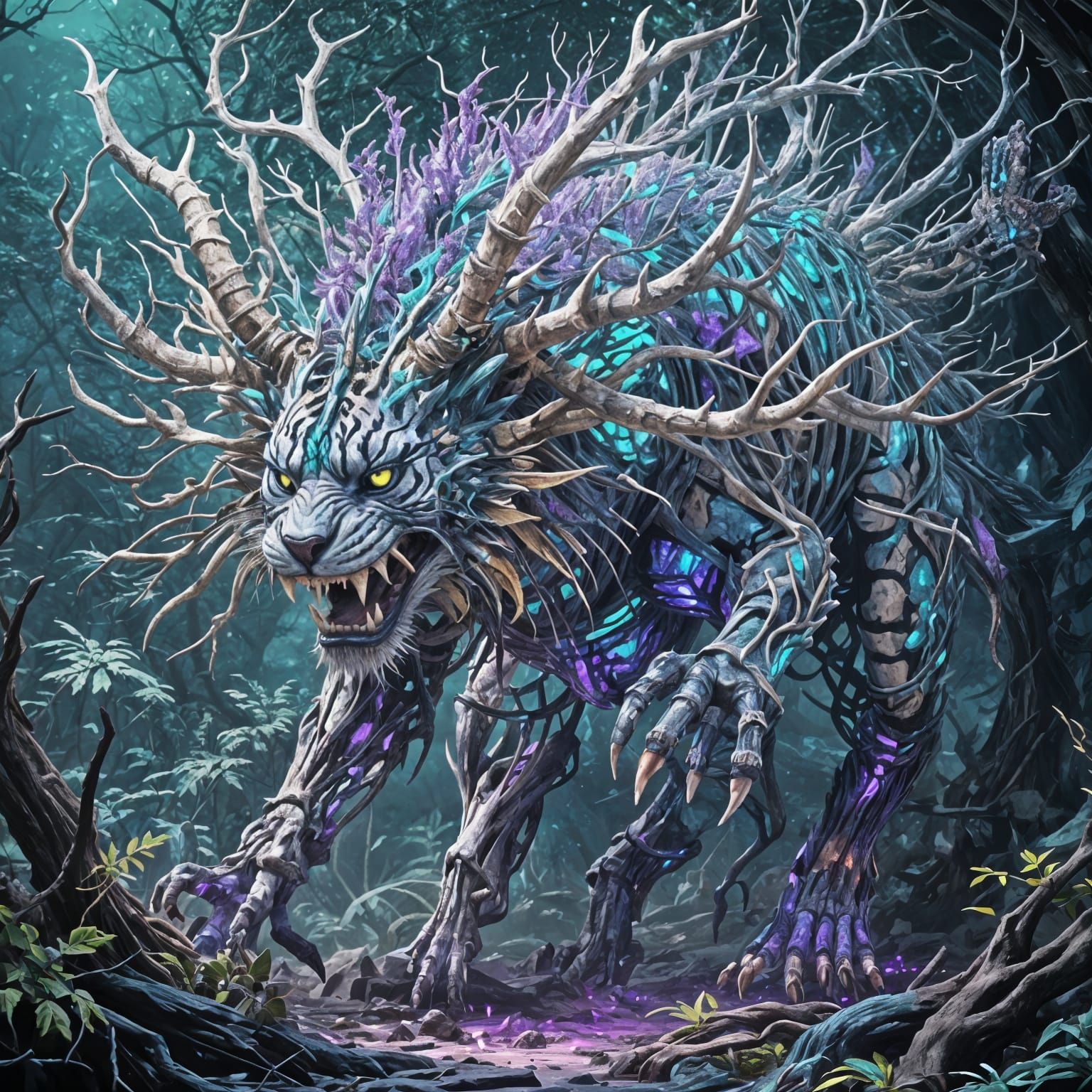 Prehistoric Skeletal Tiger-Cat Monster: Intricate Digital Ar...