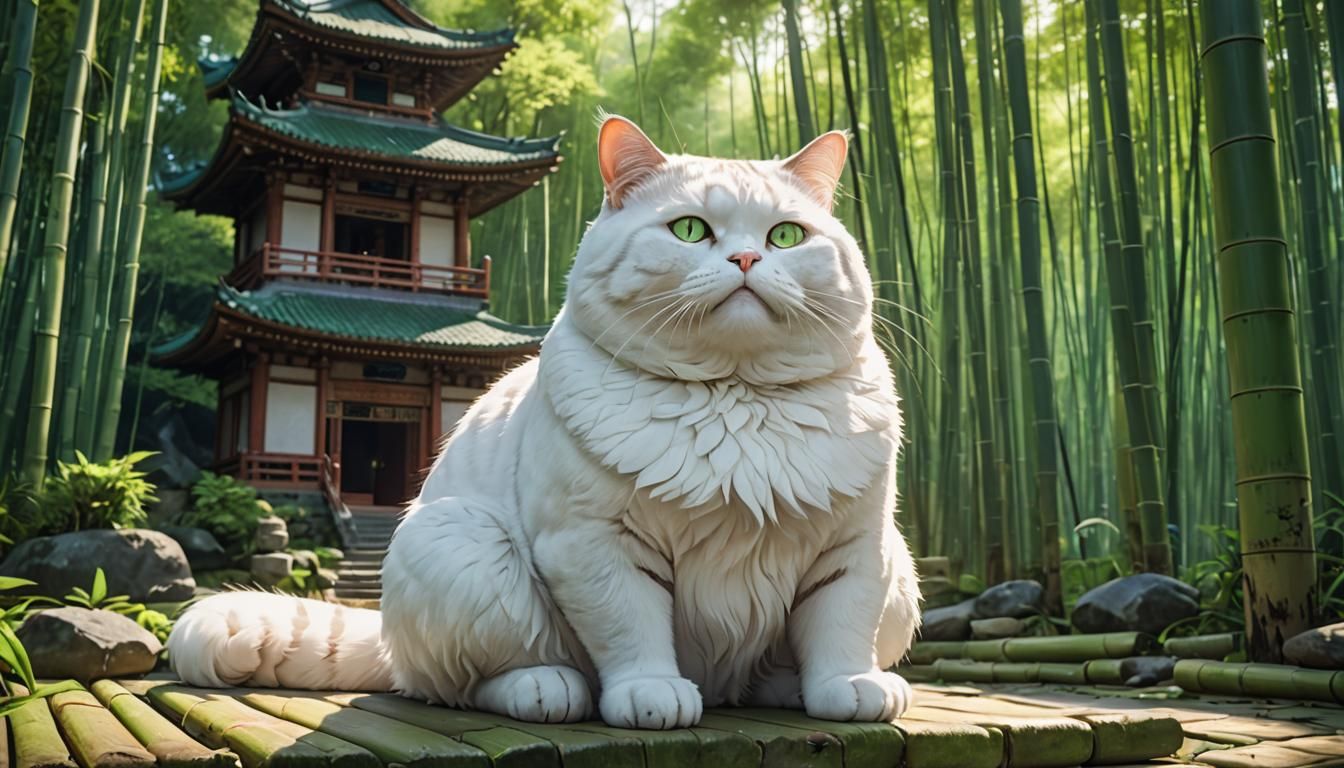 Zen Cat in Bamboo Forest: 3D Anime Art