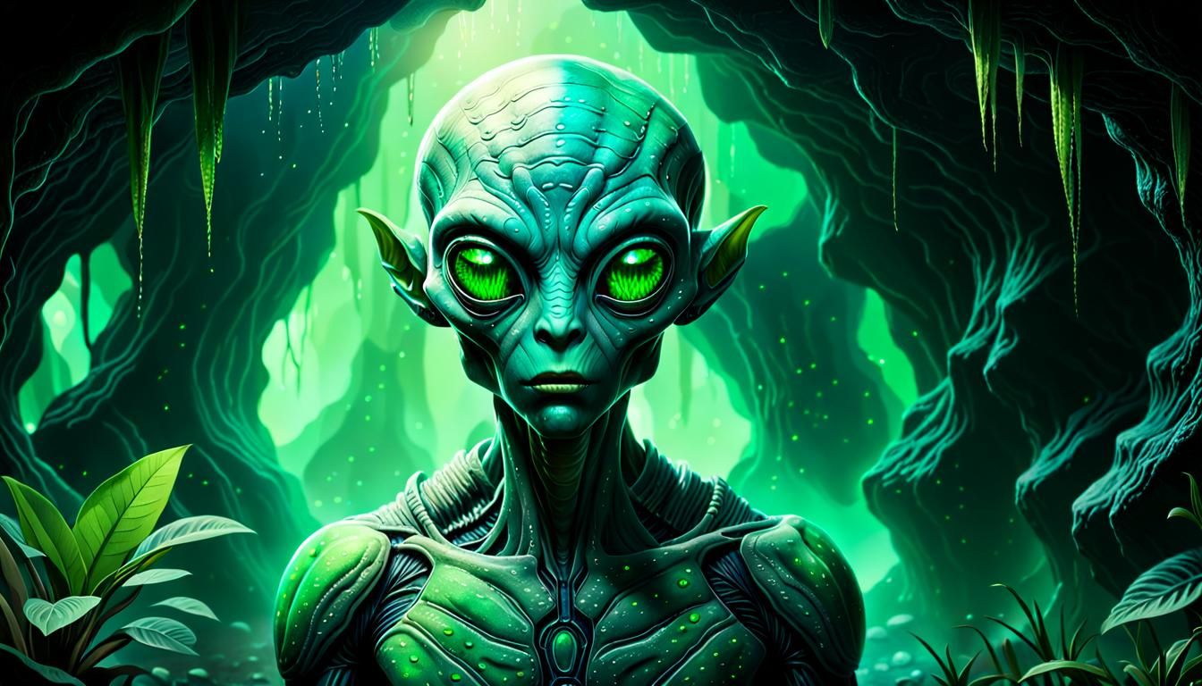 Alien Portrait in Cave with Bioluminescent Plants