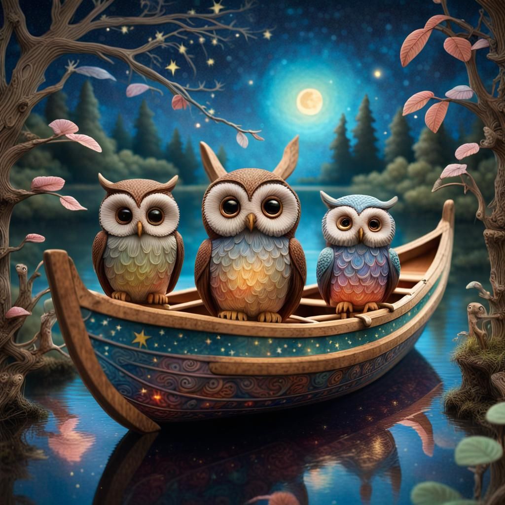 Three Owls in a Boat