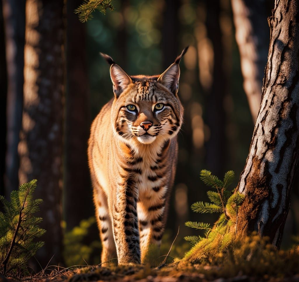 Florida Bobcat Stalks Prey in Pine and Oak Forest