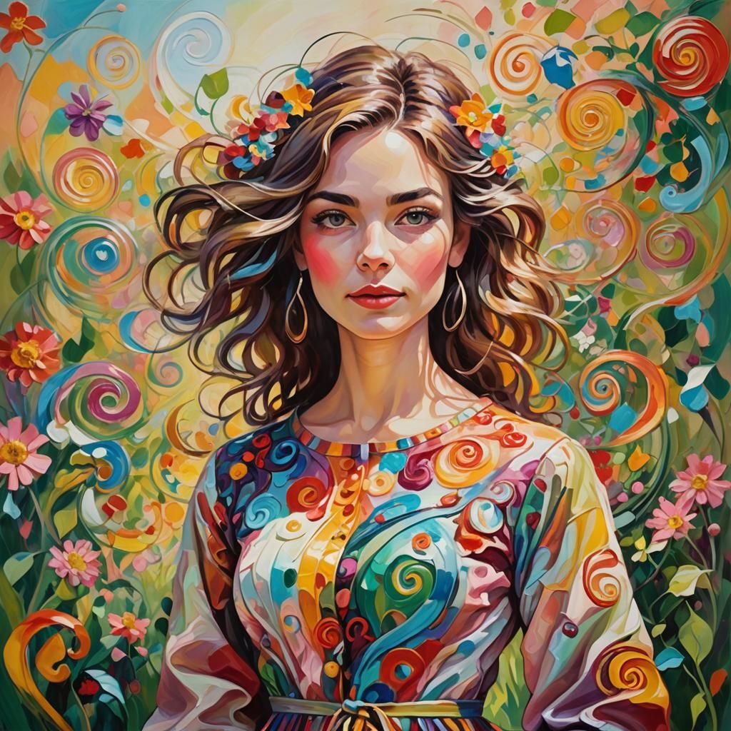 Colorful Impressionist Portrait of a Woman in Garden