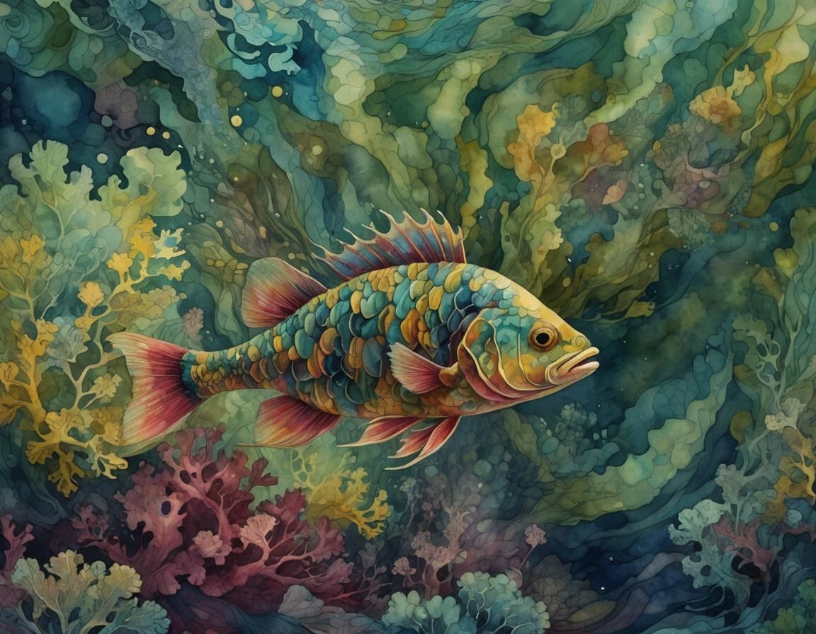 Perch in Underwater Pond: Abstract Watercolor Fractal Art
