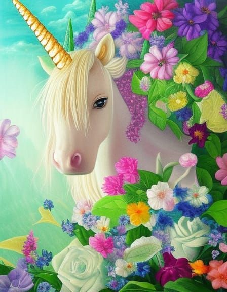 fairy unicorn face surrounded by beautiful flowers,  detailed painting hyperrealism beautiful detailed elegant ethereal ...