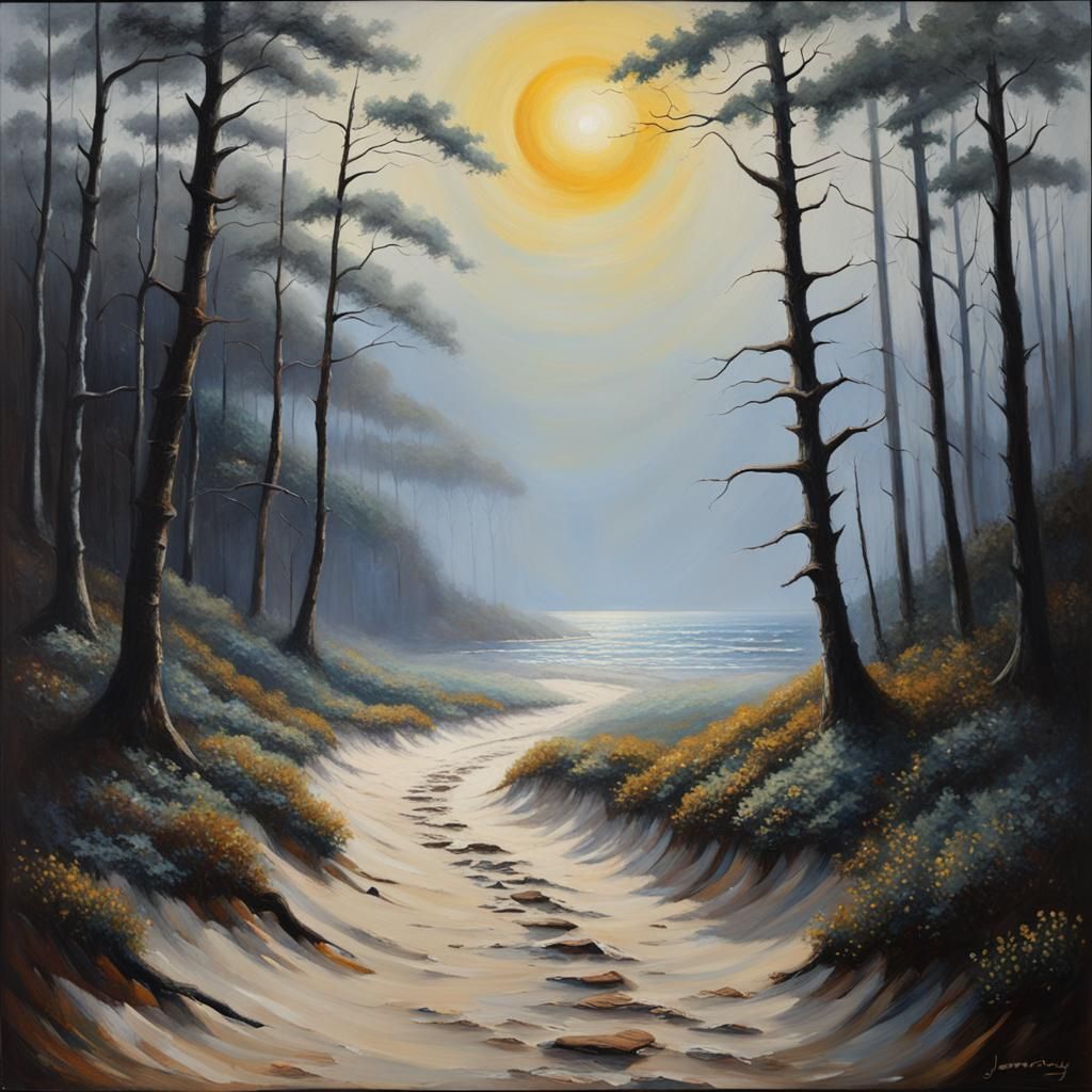 Foggy Seaside Path: An Oil Painting