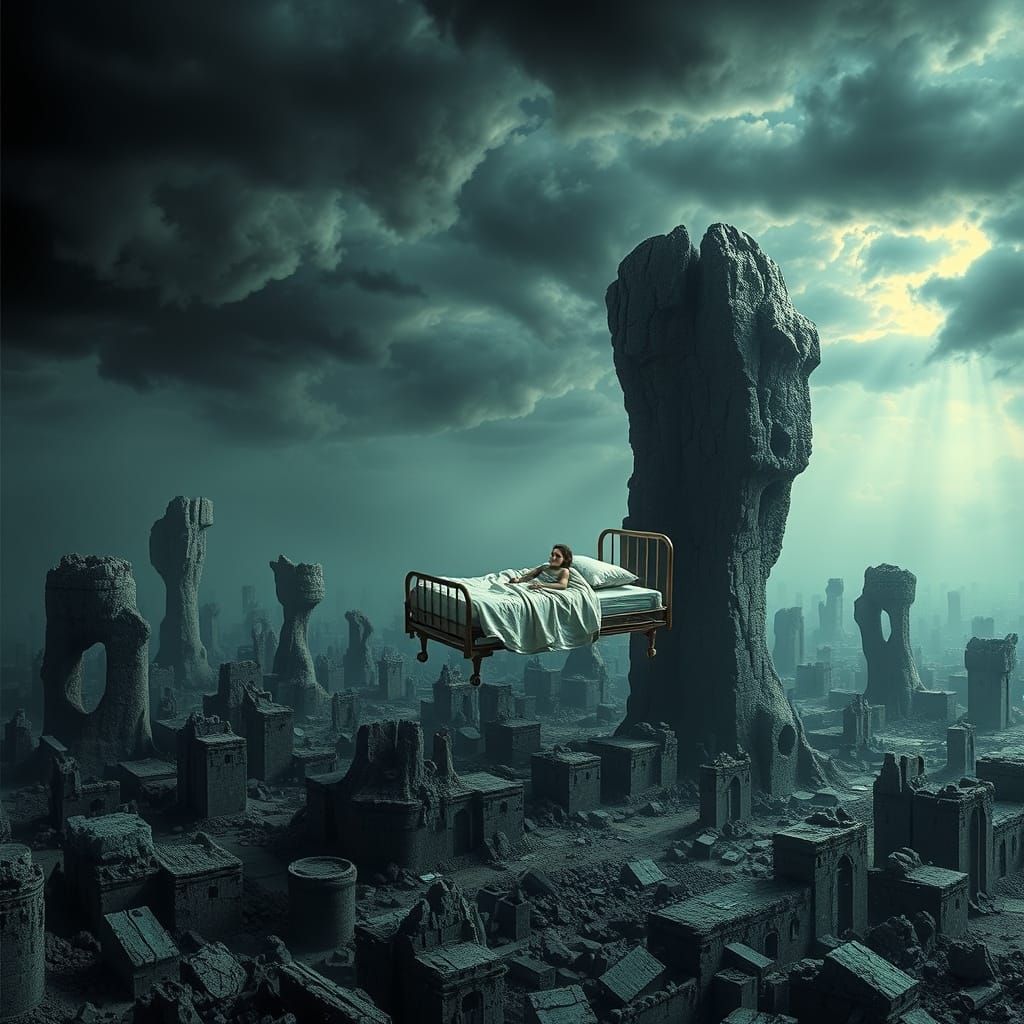 Distressed Figure Levitates in Abandoned Ruins