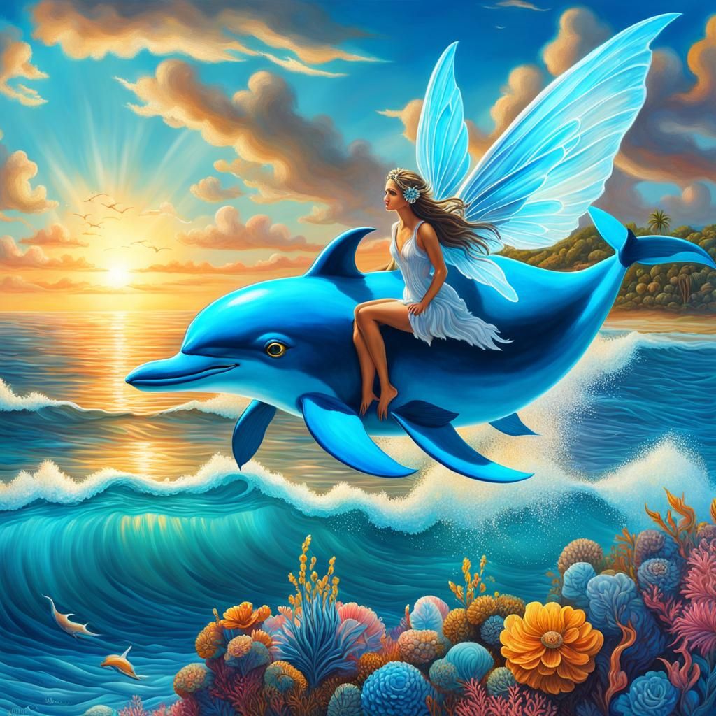 Fairy Flight Over Ocean with Dolphins: Hyperrealistic Painti...