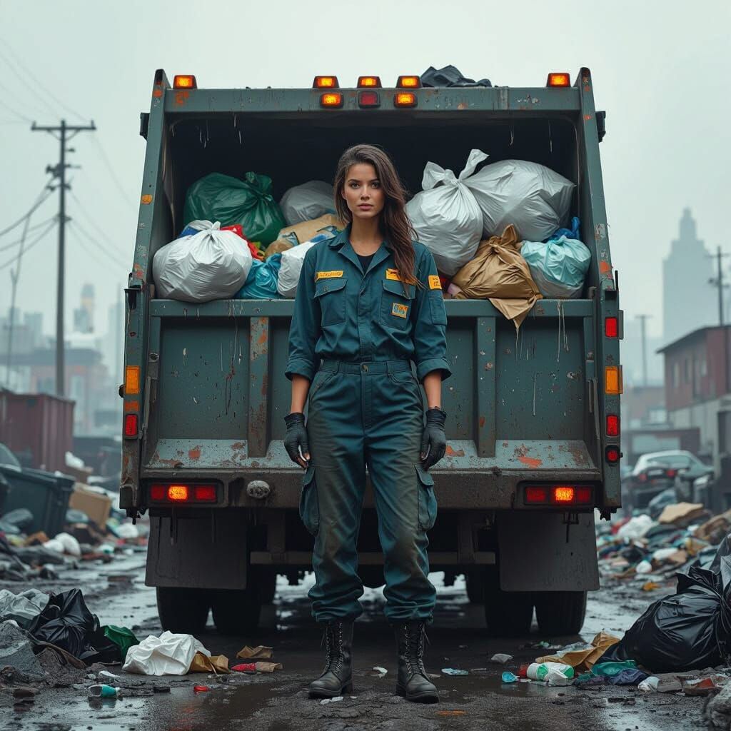 Woman on Garbage Truck in Gritty Urban Landscape