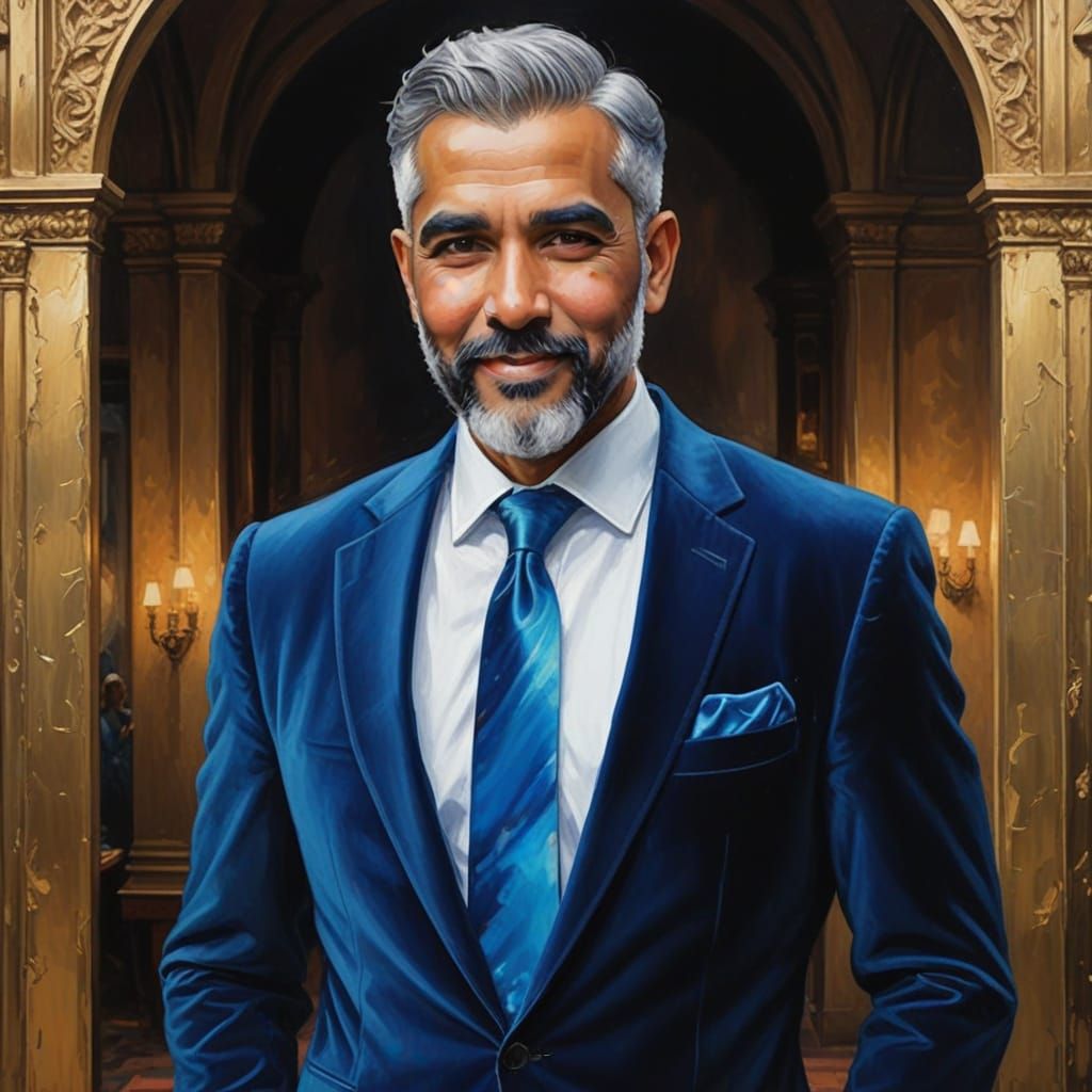 Silver-Bearded Man in Blue Velvet Suit: Impasto Painting