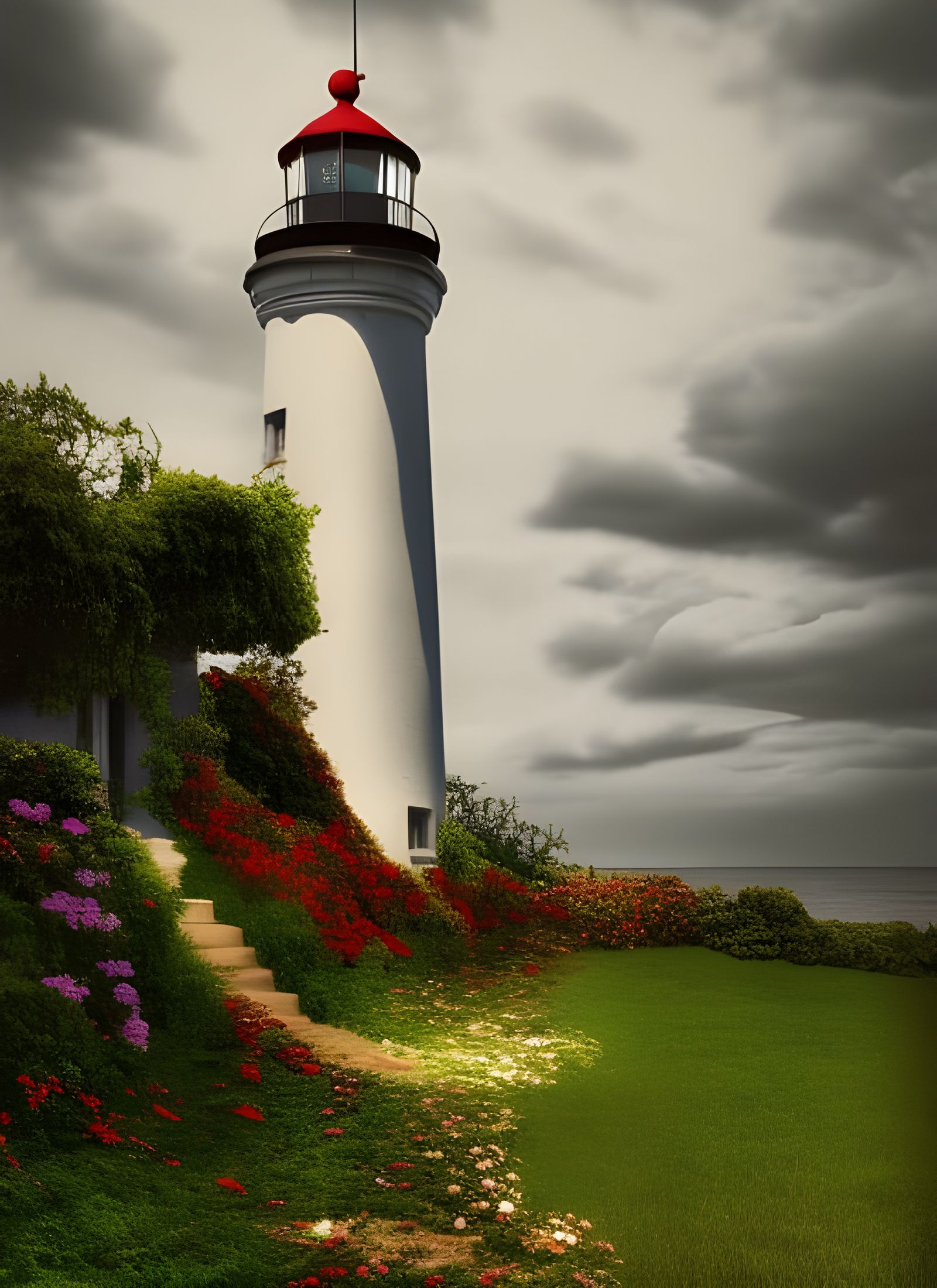 Picturesque Lighthouse Tower Overgrown with Flowers: Digital...